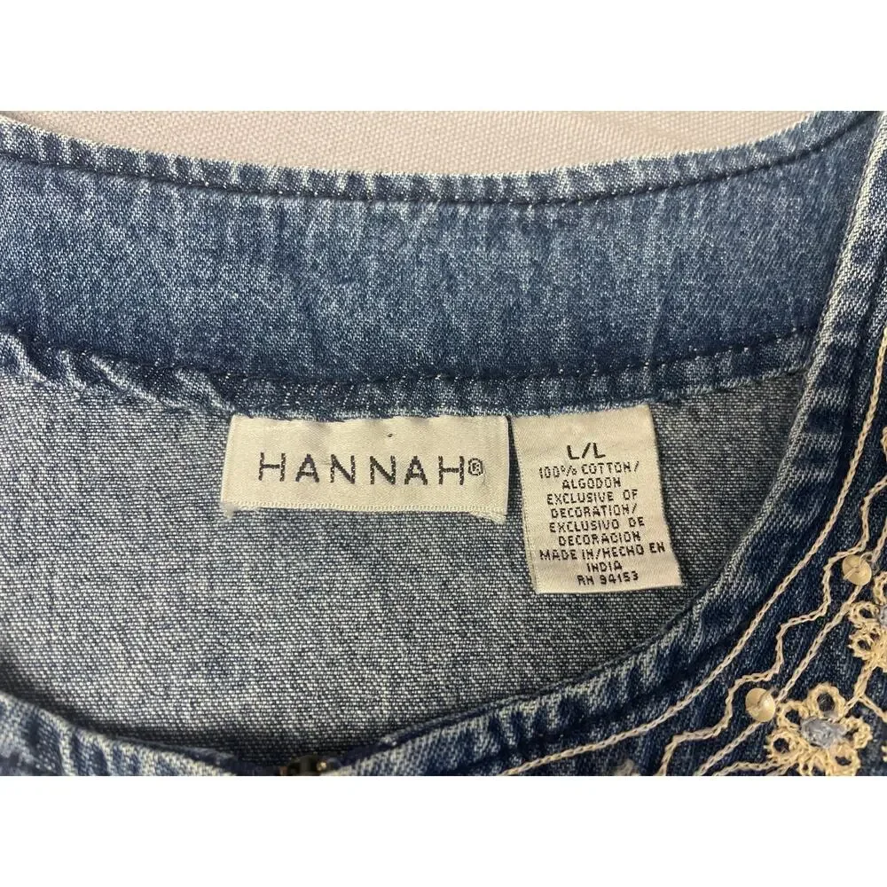 Hannah Boho Floral Embroidered Sequin‎ Zip Up Lightweight Denim Jacket SZ LG